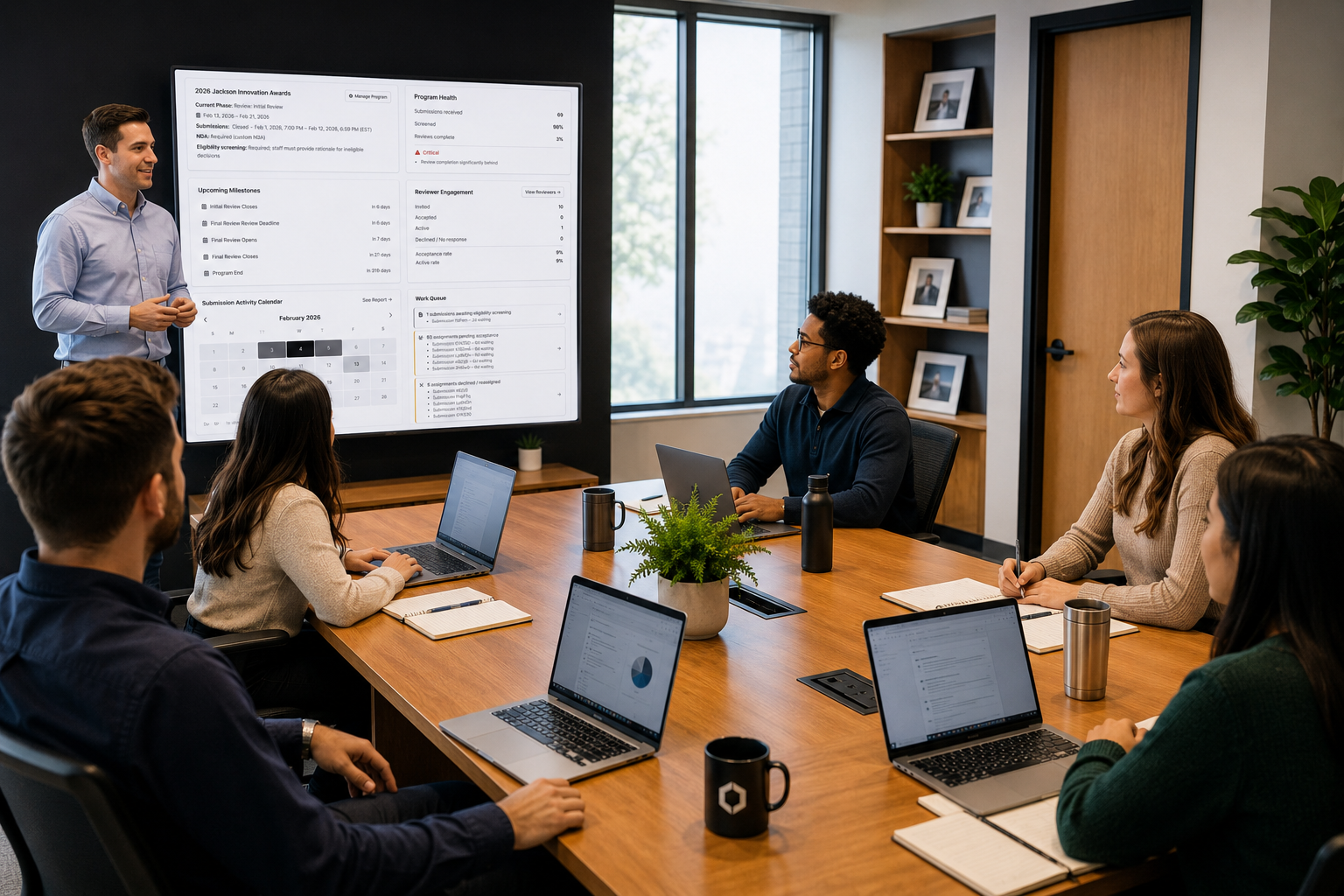 AMC team reviewing client program dashboards in a working session