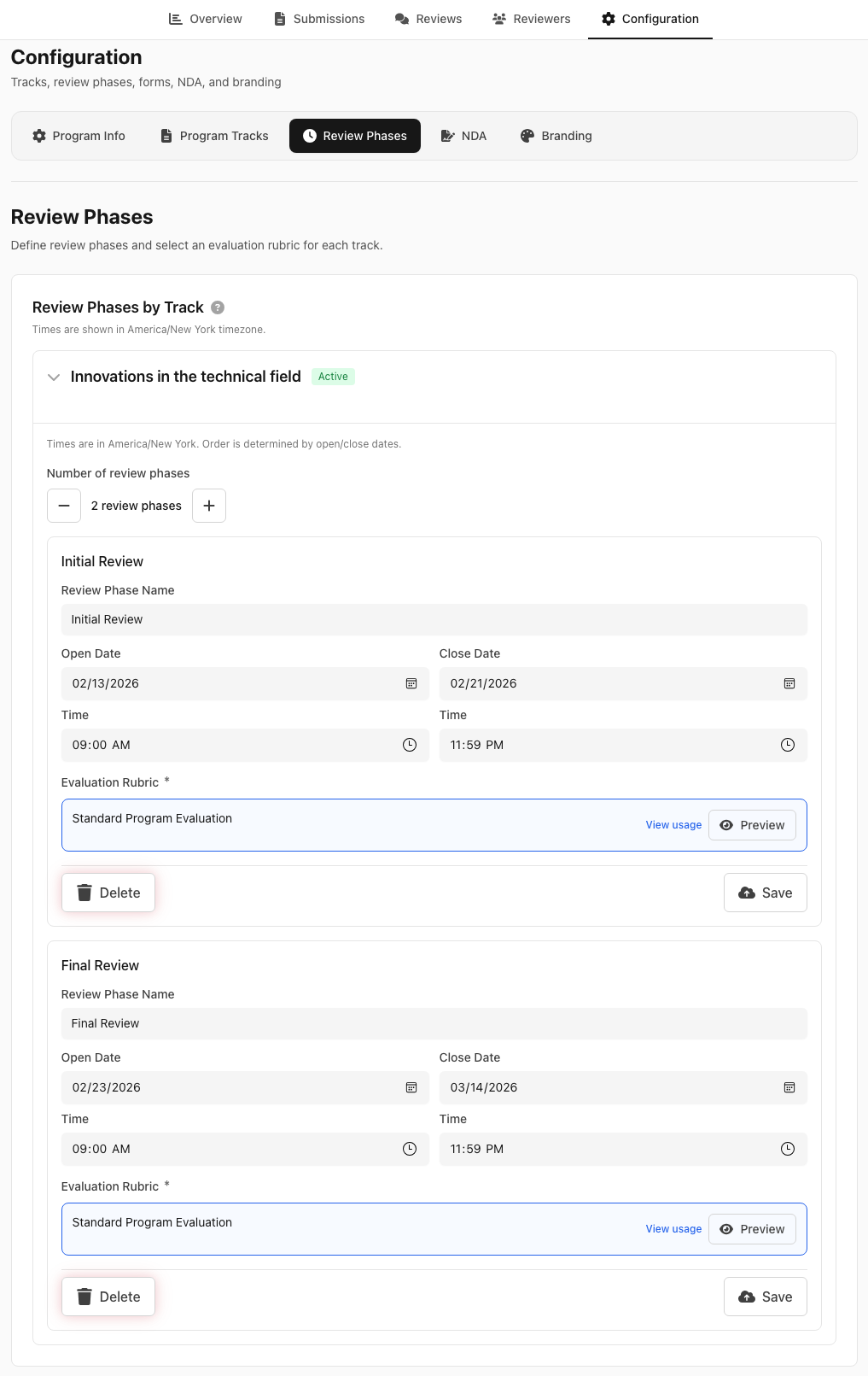 New Empact Work configure review phases page for innovation programs